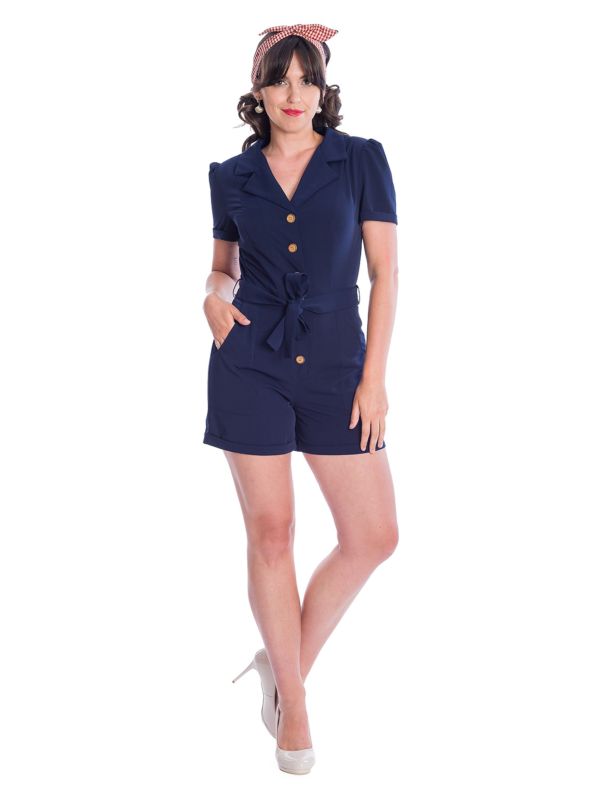 Banned Retro Women Rule Short Collar Playsuit Navy