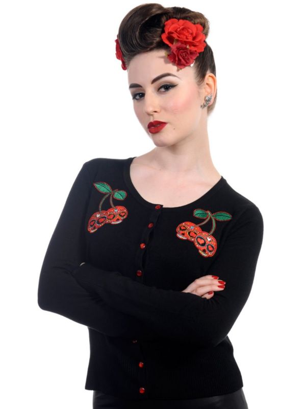 Banned Retro 1950's Cherry Skulls Rockabilly Gina Vintage Cardigan Black
