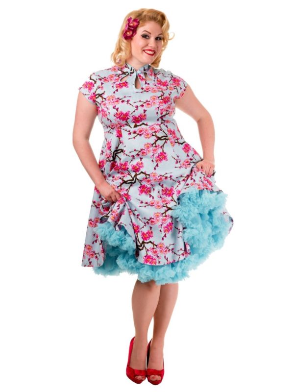 Banned Retro 1950's Last Dance Cherry Blossom Mandarin Collar Keyhole Vintage Daisy Fit & Flare Dress Blue