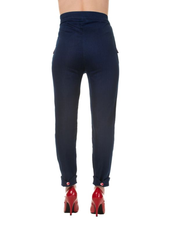 Banned Retro 1950's Blueberry Hill High Waisted Vintage Slim Leg Trouser Denim Blue Gingham