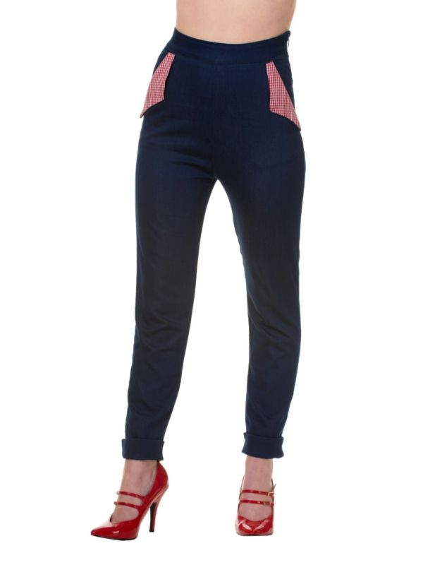 Banned Retro 1950's Blueberry Hill High Waisted Vintage Slim Leg Trouser Denim Blue Gingham