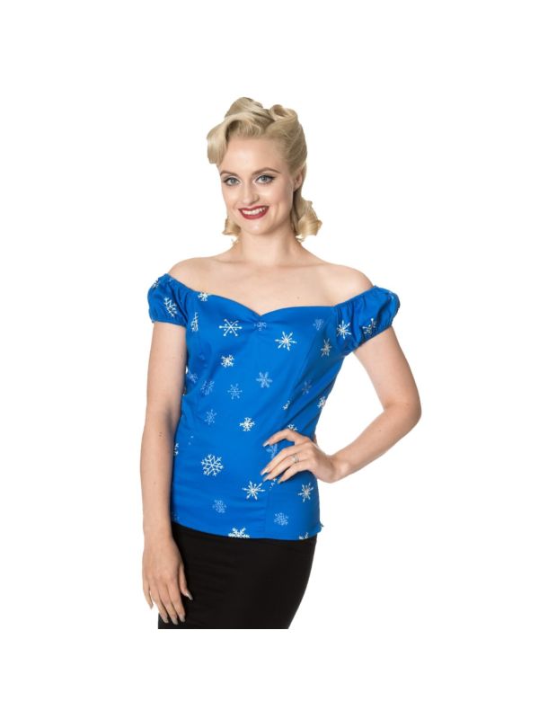 Banned Retro Vintage Romance Lives Snowflake Off Shoulder Top Blue