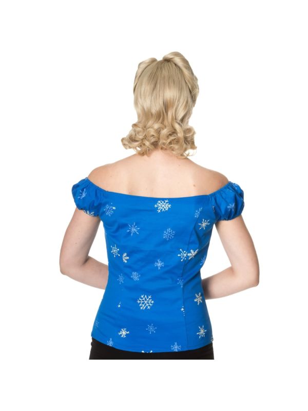 Banned Retro Vintage Romance Lives Snowflake Off Shoulder Top Blue