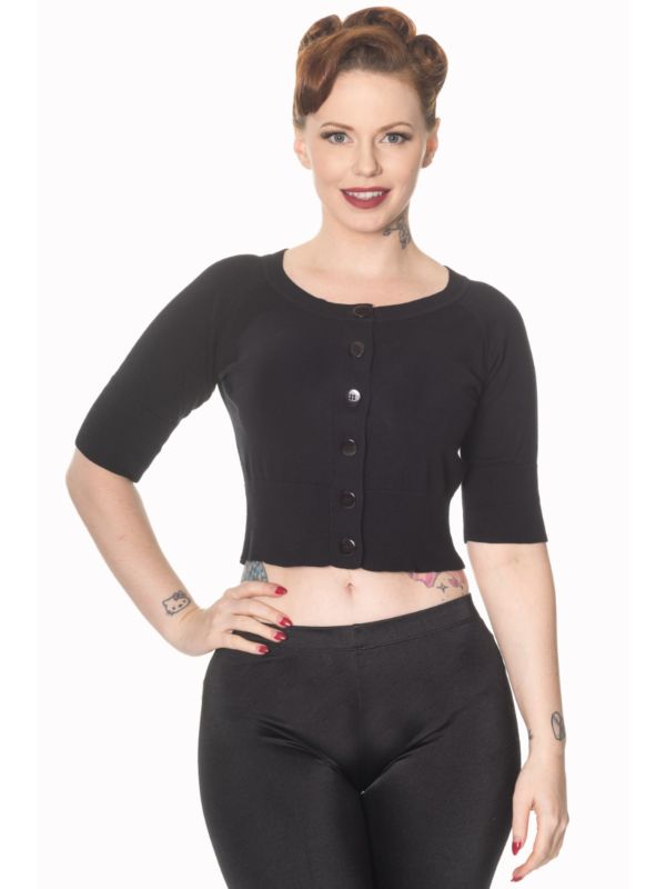 Banned Retro 1950's Raven Round Neck Cropped Vintage Cardigan Black