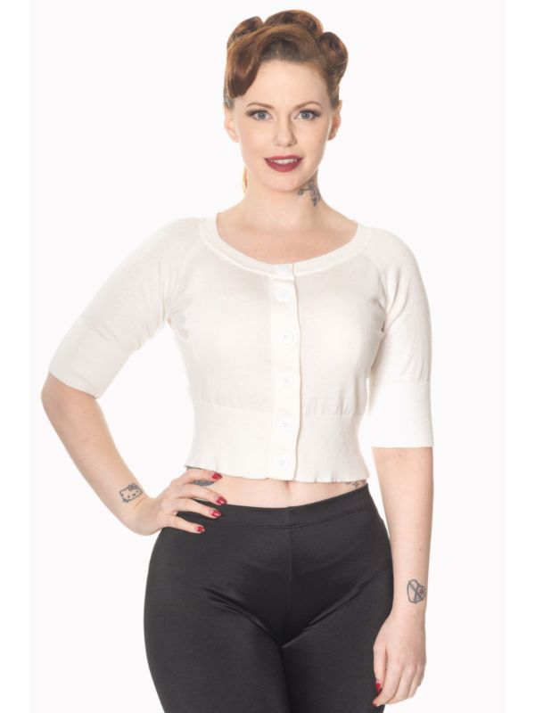 Banned Retro 1950's Raven Round Neck Cropped Vintage Cardigan Off White
