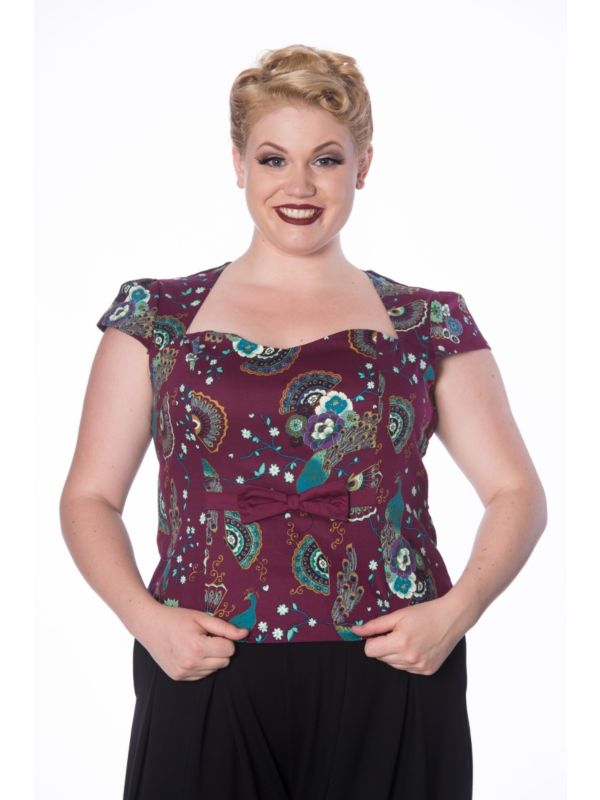 Banned Retro 1950's Frankie Peacock Floral Top Bordeaux