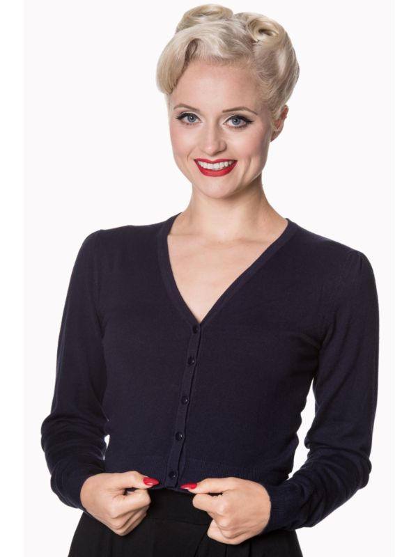 Banned Retro 1950's Little Luxury Cropped V-Neck Vintage Cardigan Night Blue
