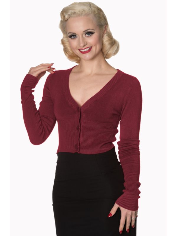 Banned Retro 1950's Let's Go Dancing V-Neck Long Sleeve Cardigan Burgundy