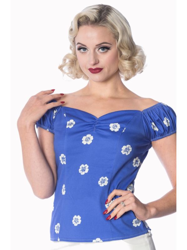 Banned Retro 1950's Tutti Fruity Flower Floral Off Shoulder Top Blue