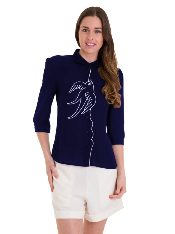 Banned Retro 1950's Free As A Bird Swallow & Anchors Thelma Blouse Navy