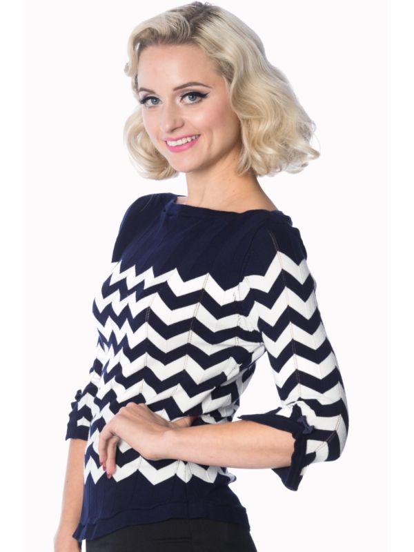 Banned Retro 70's Vanilla Zig Zag Vintage Dorothy Knit Top Navy