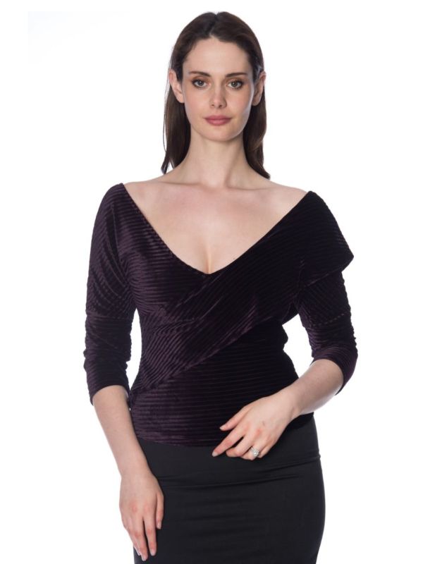 Banned Retro 1950's Vera Velvet Ribbed Wrap Off Shoulder Top Aubergine Eggplant