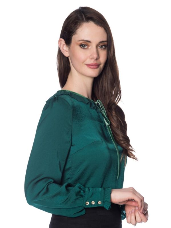 Banned Retro 1950's Perfect Pleated Frill Collar Puff Sleeve Vintage Blouse Dark Green 
