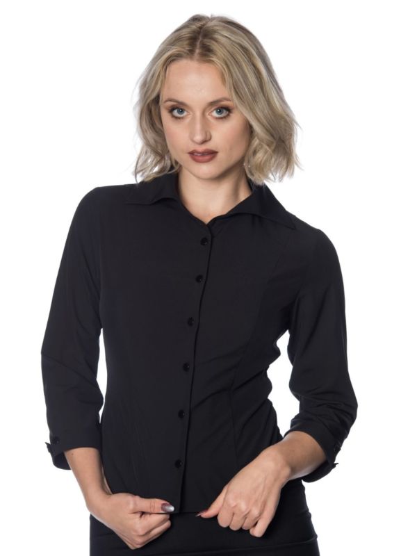 Banned Retro 1950's Janine Peter Pan Winged Collar Vintage Blouse Black