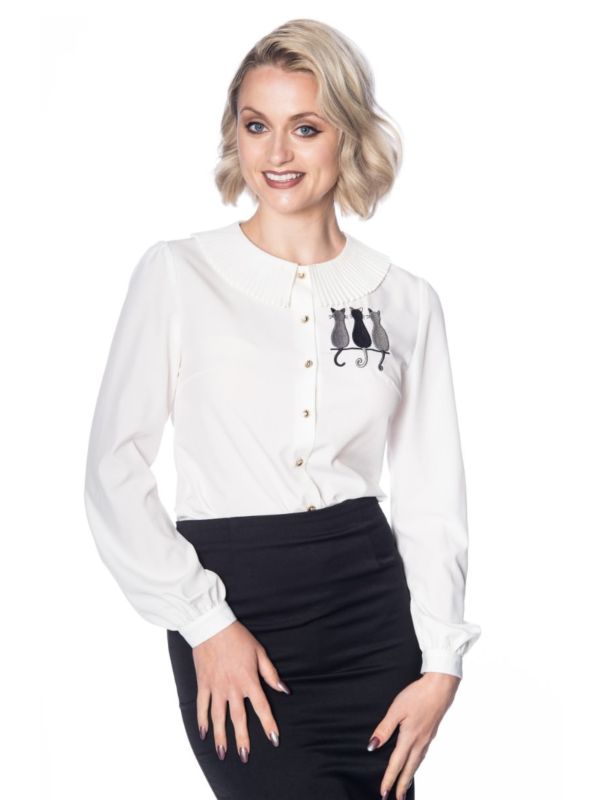 Banned Retro 1950's Creative Cat Vintage Pleated Peter Pan Collar Blouse White