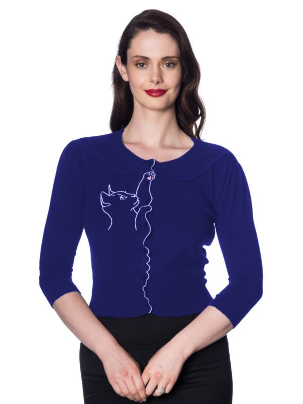 Banned Retro 1950's Cat Scallop Collar Vintage Cardigan Night Blue