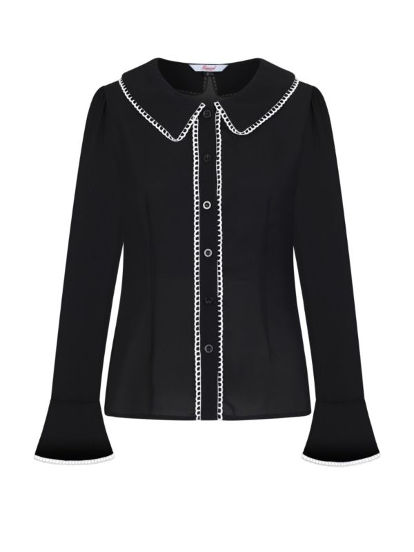 Banned Retro 1950's Hannah Peter Pan Lattice Trim Collar Bell Sleeve Vintage Blouse Black