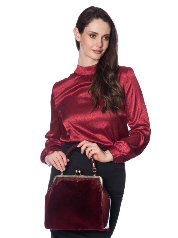 Banned Retro 1950's Natalie High Neck Long Puff Sleeve Leopard Print Embossed Blouse Bordeaux