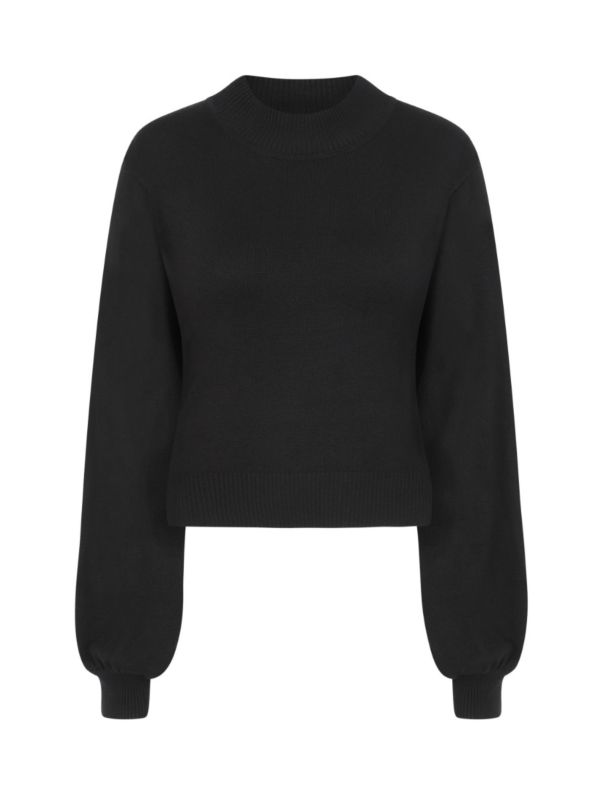 Banned Retro Balloon Sleeve Black Soft Knit High Neck Vintage Crop Top Black