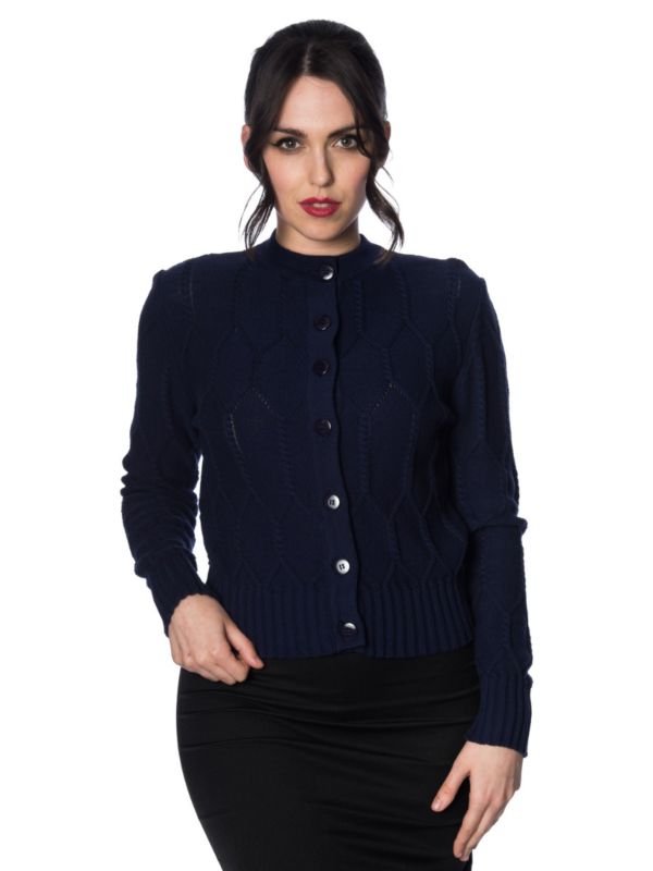 Banned Retro 1950's Midnight Daze Diamond Knit Vintage Cardigan Navy
