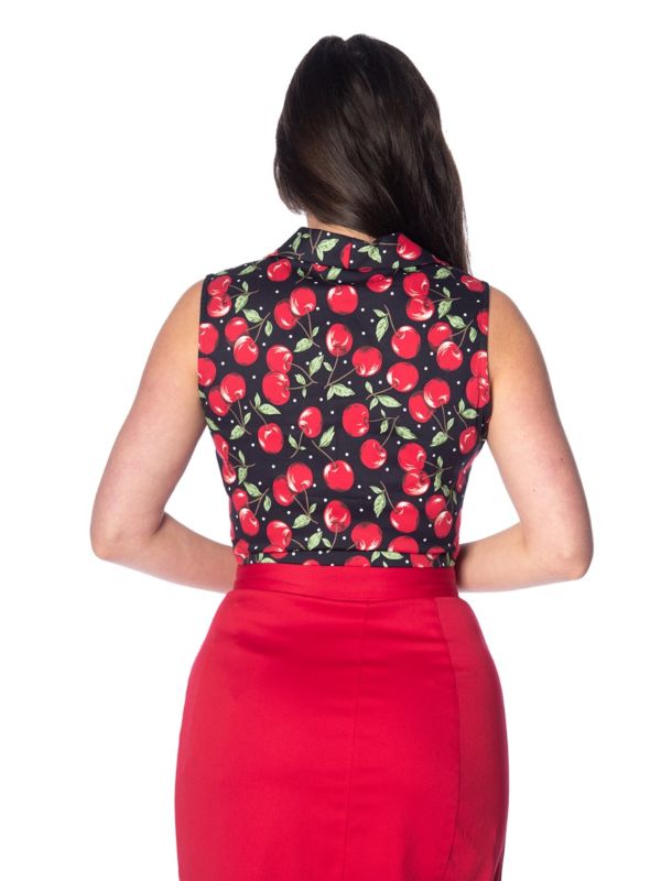 Banned Retro 1950's Cherry Soda Tie Up Crop Top Blouse Black