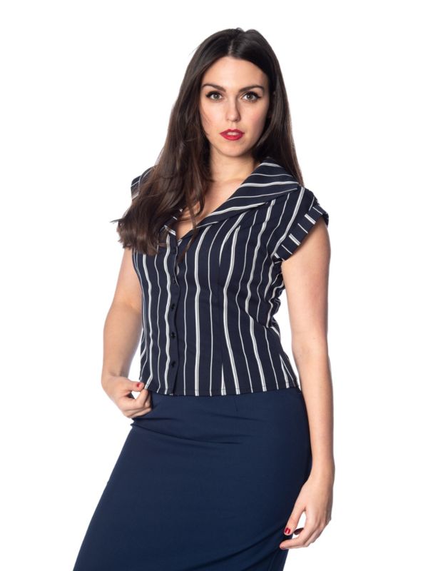 Banned Retro 1920's Deckchair Stripe Rita Blouse Navy