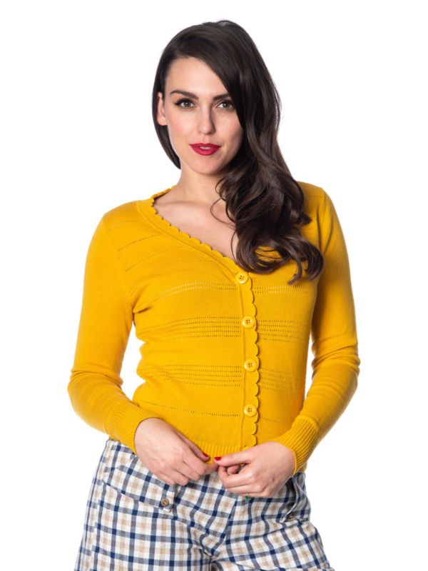 Banned Retro 1950's Pointelle Scalloped Perforated V-Neck Vintage Cardigan Mustard Yellow