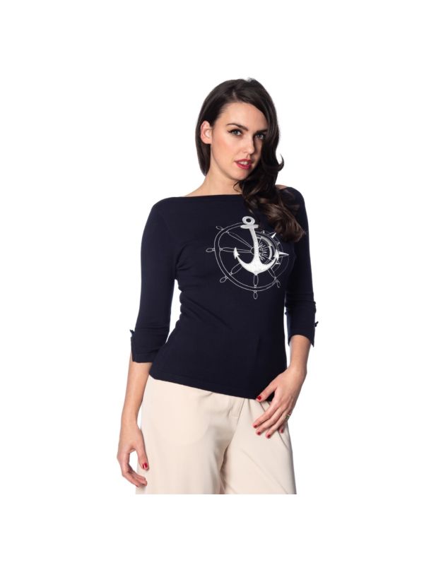 Banned Retro 1950's Anchors Away Knit Vintage Dorothy Nautical Top Navy