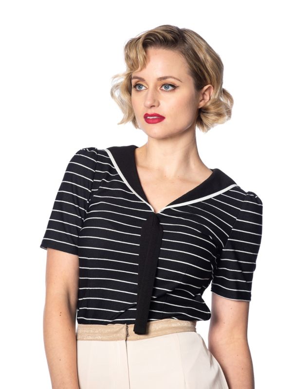 Banned Retro 1950's Pier Stripe Jersey Sailor Nautical Knit Top Black White