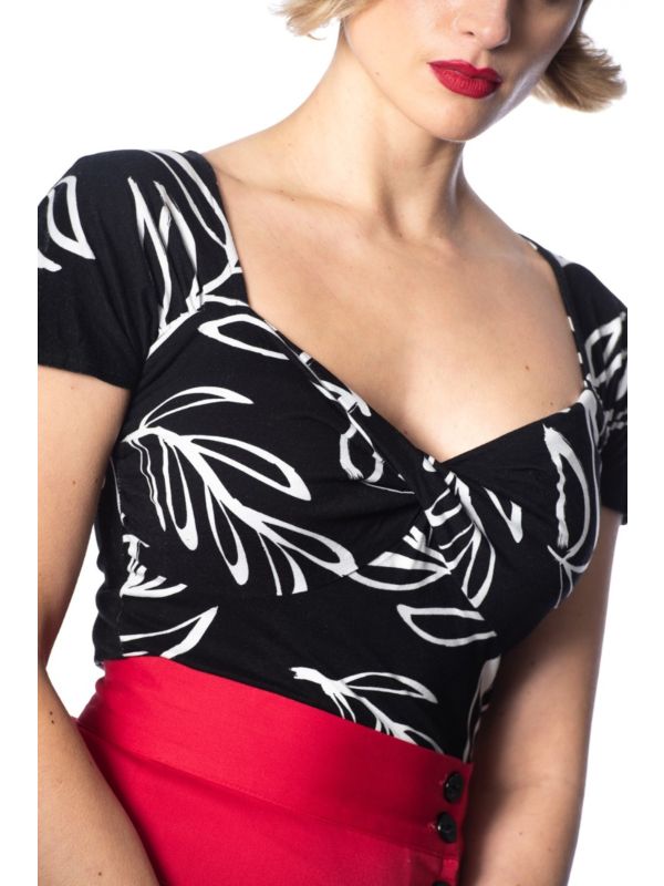 Banned Retro 1950's Palm Twist Floral Wrap Top Black