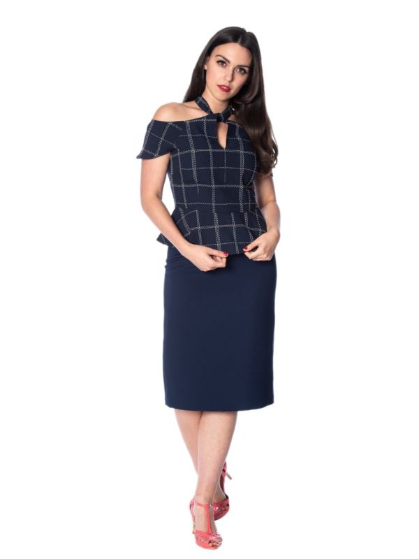 Banned Retro 1950's Chill Checks Peplum Keyhole Halter Neck Vintage Top Navy
