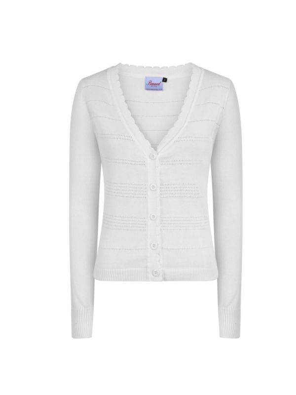 Banned Retro 1950's Pointelle Scalloped Perforated V-Neck Vintage Cardigan Cream