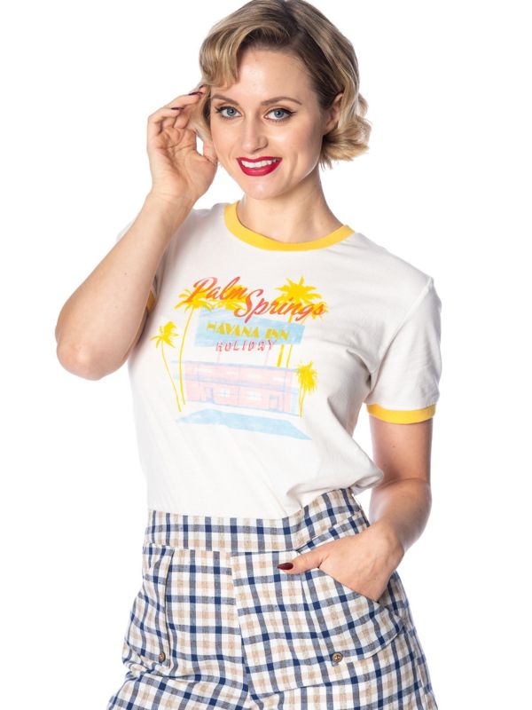 Banned Retro 70's Palm Springs Didi Crew Neck Vintage T-Shirt Cream