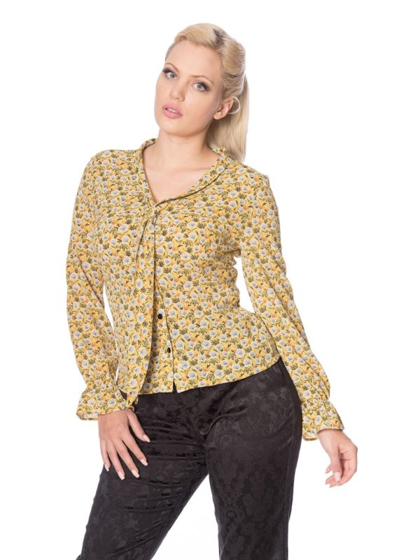 Banned Retro 1950's Ruffle My Feathers Dandelion Floral Frill Sleeve Blouse Mustard