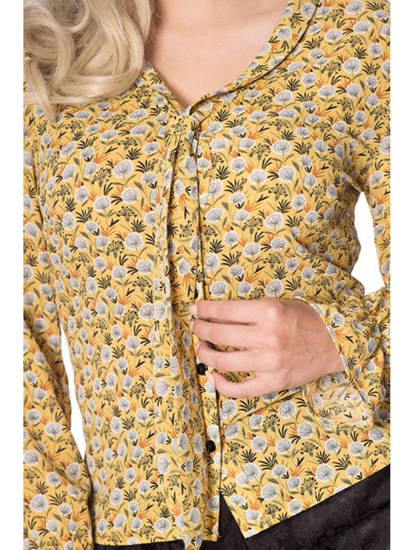 Banned Retro 1950's Ruffle My Feathers Dandelion Floral Frill Sleeve Blouse Mustard