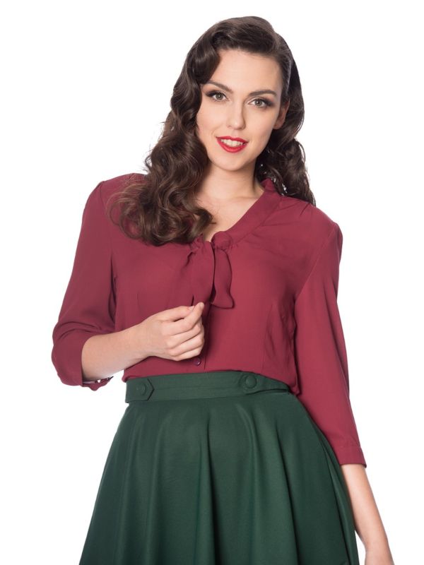 Banned Retro 1950's Perfect Pussy Bow Vintage Bell Sleeve Blouse Burgundy