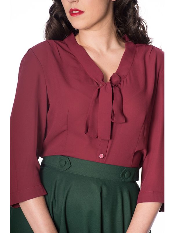 Banned Retro 1950's Perfect Pussy Bow Vintage Bell Sleeve Blouse Burgundy