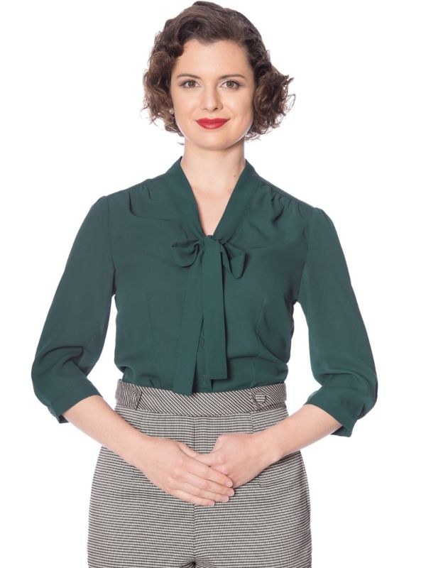 Banned Retro 1950's Perfect Pussy Bow Vintage Bell Sleeve Blouse Green