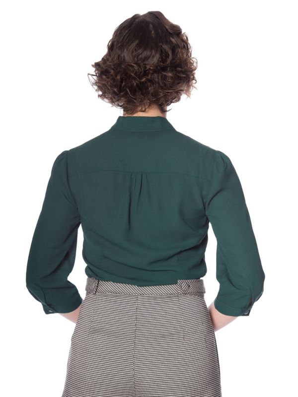 Banned Retro 1950's Perfect Pussy Bow Vintage Bell Sleeve Blouse Green