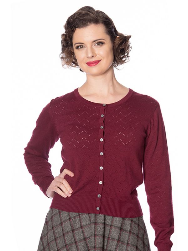 Banned Retro 1950's Pointelle Vintage Mara Knit Cardigan Aubergine