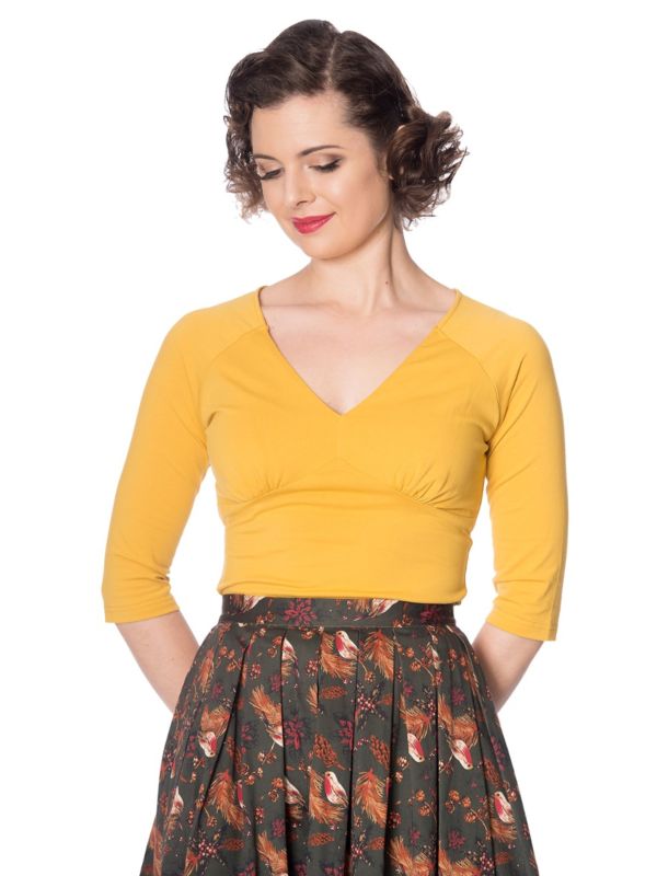 Banned Retro Cute & Classic Vintage V-Neck Jersey Top Mustard Yellow