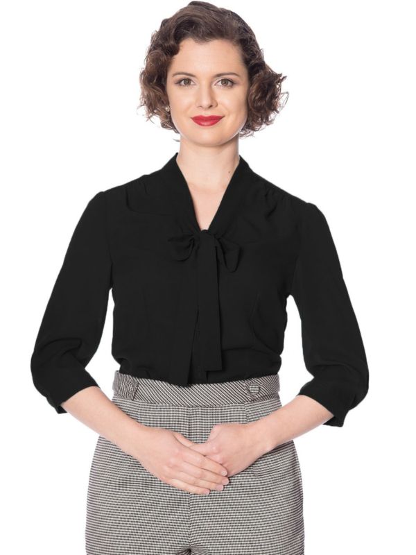 Banned Retro 1950's Perfect Pussy Bow Vintage Bell Sleeve Blouse Black