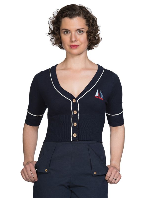 Banned Retro 1950's Summer Set Sail Cropped Knit Nautical Vintage Cardigan Navy