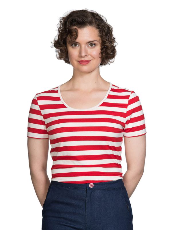 Banned Retro Land Ahoy Nautical Rockabilly Stripe Scoop Neck Vintage T-Shirt Red