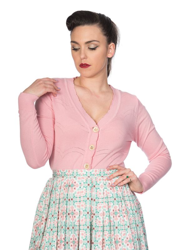 Banned Retro 1950's June V-Neck Scalloped Pointelle Long Sleeve Vintage Cardigan Pink