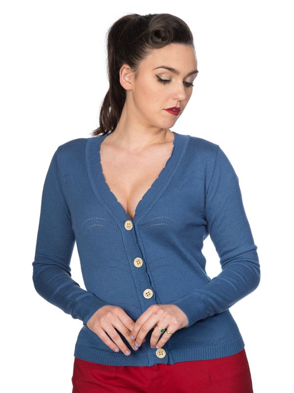 Banned Retro 1950's June V-Neck Scalloped Pointelle Long Sleeve Vintage Cardigan Blue