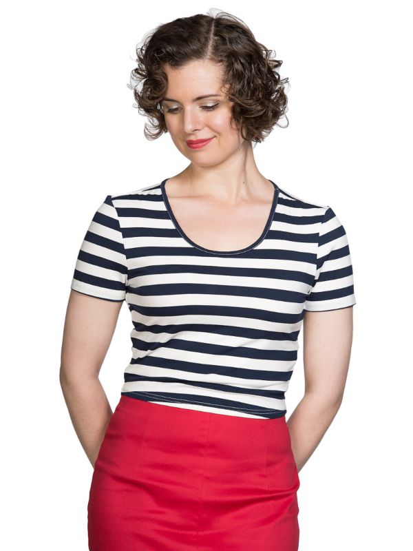 Banned Retro Land Ahoy Nautical Rockabilly Stripe Scoop Neck Vintage T-Shirt Blue
