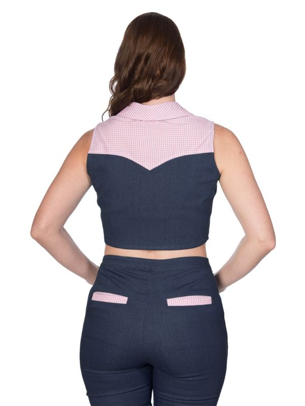 Banned Retro 1950's Diner Days Tie Up Crop Top Vintage Denim Gingham Blouse Dark Blue