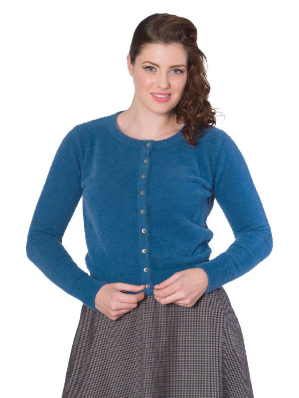 Banned Retro 1950's The Cozy Vintage Mara Faux Fur Cardigan Turquoise