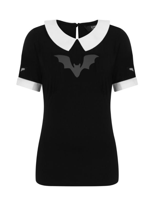 Banned Alternative Bat Beware Peter Pan Collar Mesh Keyhole Top Black